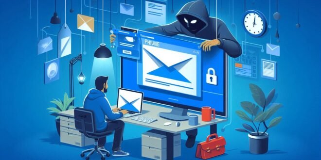 TeknoLova.com - Pengguna komputer sedang melihat email phishing dengan tanda-tanda mencurigakan di layar